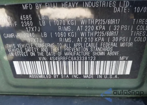 2010 Subaru Outback 2.5I Premium z USA, uszkodzony, nr VIN 4S4BRBFC6A3338123